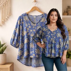 🛍️ Women’s blue yellow floral 3/4” sleeve pullover high low blouse plus size 2X